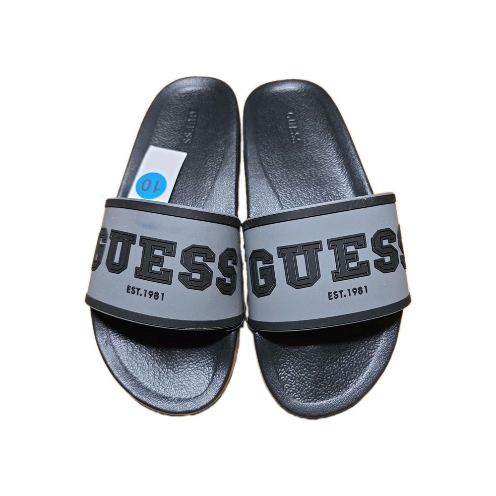 GUESS Men's Mylas Slides Black Grey Logo Sandals Flip Flops Size 10 NEW
